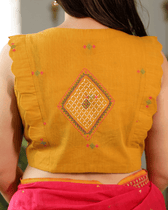 Yellow Cotton Sleeveless Embroidery Blouse with V-Neck 