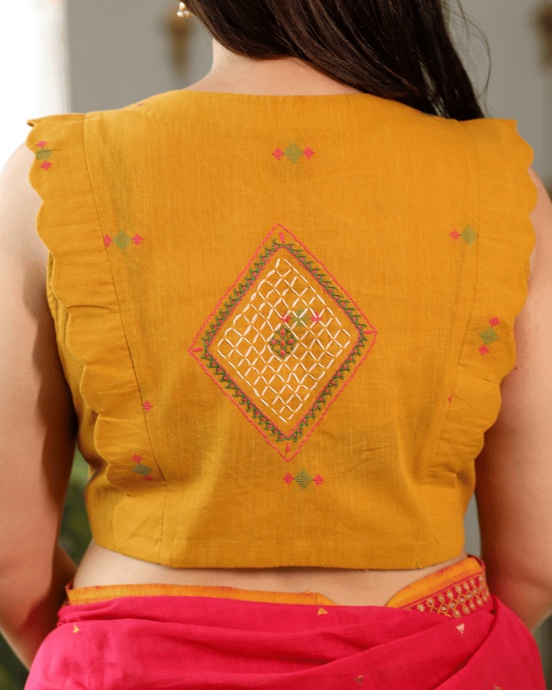 Yellow Cotton Sleeveless Embroidery Blouse with V-Neck 
