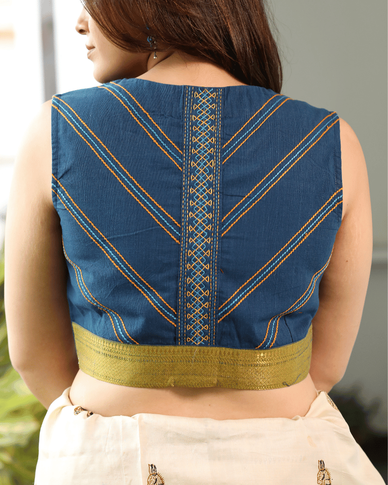 Blue mangalgiri v-neck blouse - embroidery