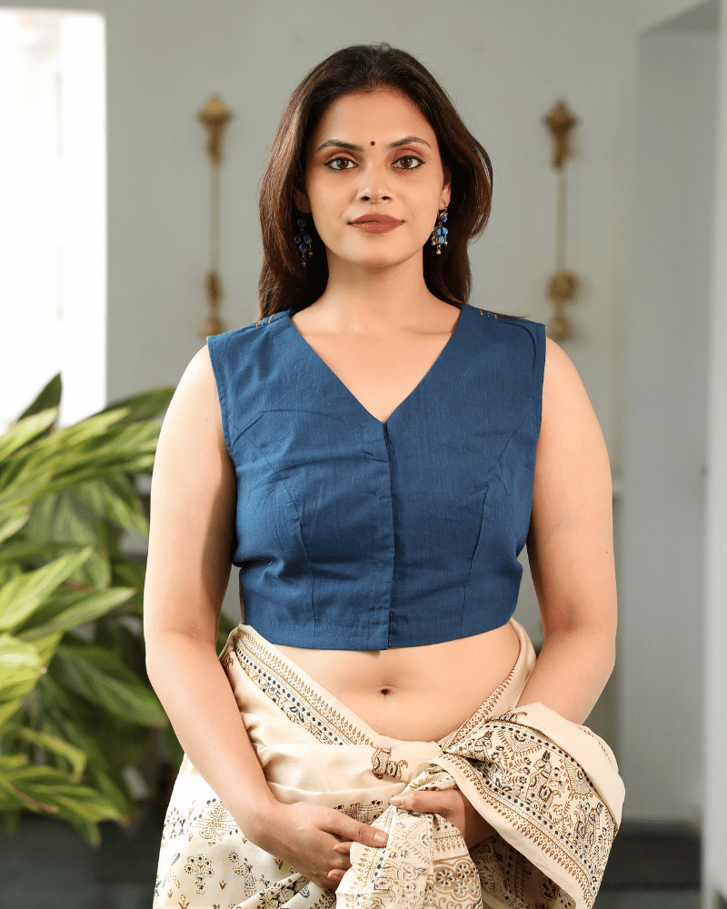 Blue mangalgiri v-neck blouse - front