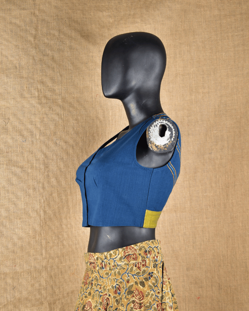 Blue mangalgiri v-neck blouse - sleeveless