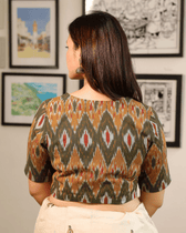 Mustard Yellow Ikat Cotton Blouse with V-Neck - back