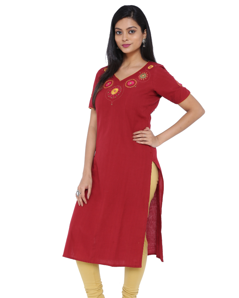 RED STRAIGHT KURTA WITH HAND EMBROIDERY