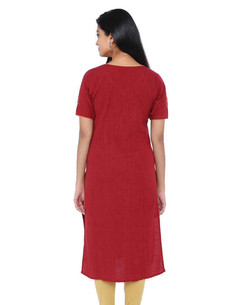 RED STRAIGHT KURTA WITH HAND EMBROIDERY