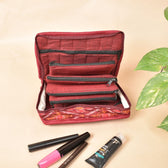 Maroon silk ikat jewellery pouch with 4 zips - inside