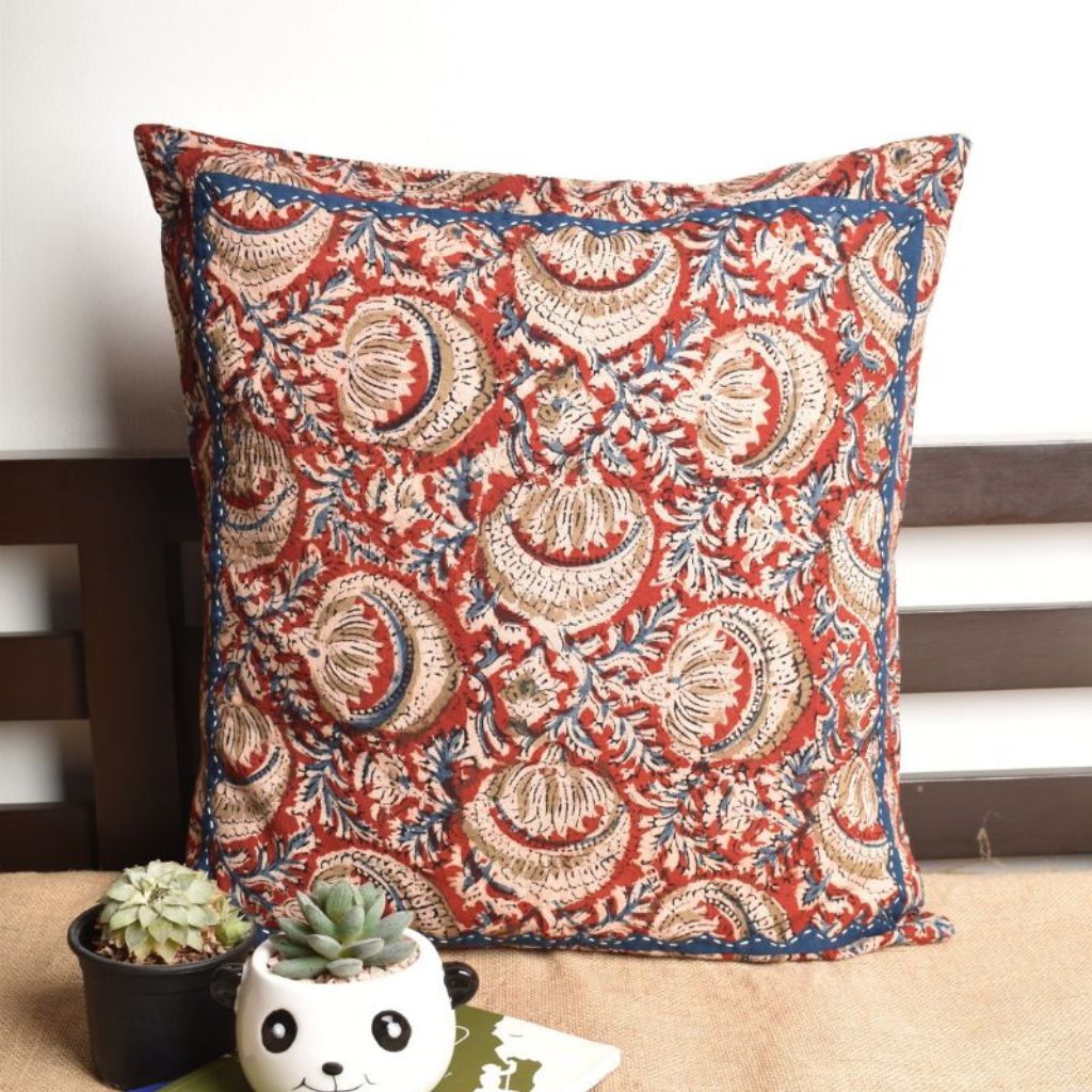 Red Kalamkari cushion cover with applique