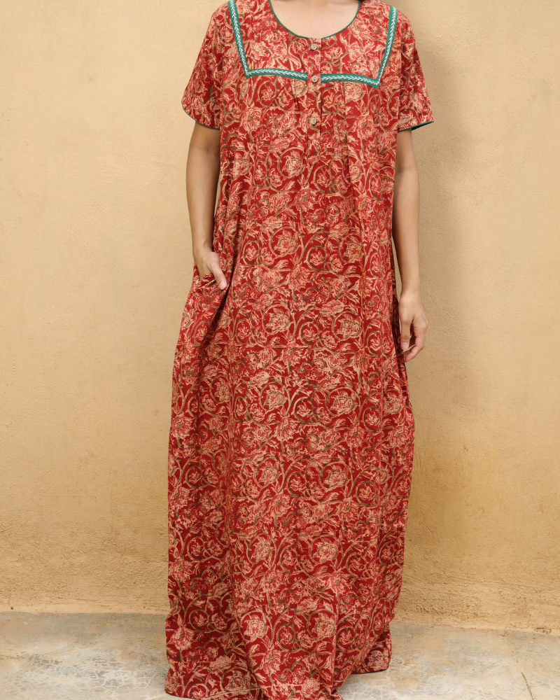 Red and Green Handcrafted Nighties In Soft Kalamkari Cotton
