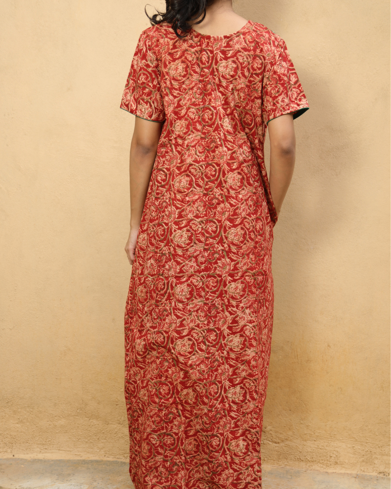 Red and Green Handcrafted Nighties In Soft Kalamkari Cotton