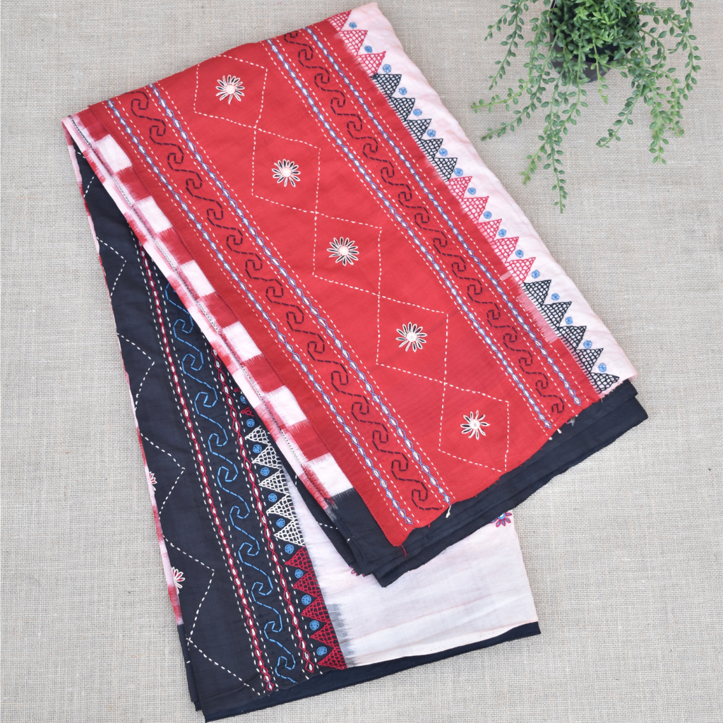 Red and white checks handloom double ikat saree with hand embroidery