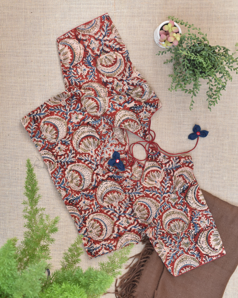 Red kalamkari blouse with flower tassels