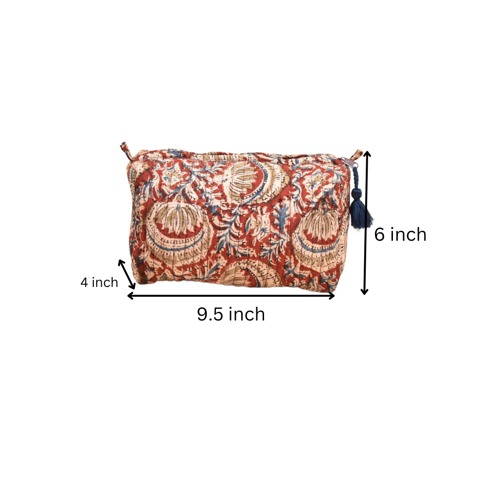 Red kalamkari quilted travel pouch