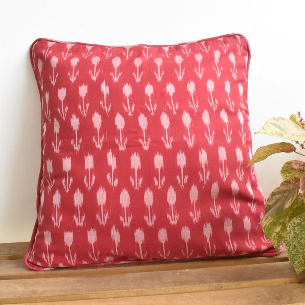 Red mercerised ikat cushion cover