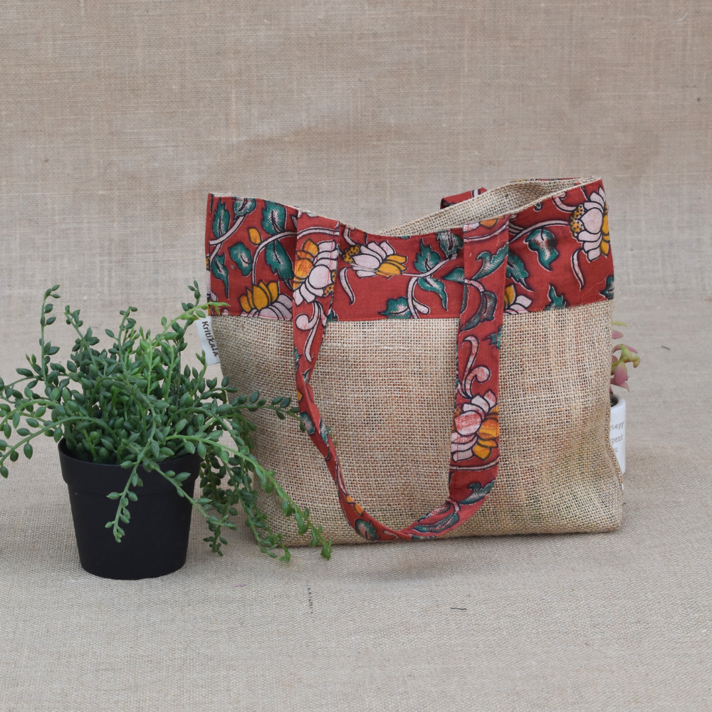 Soft jute tambulam or gift bag with red Kalamakri print