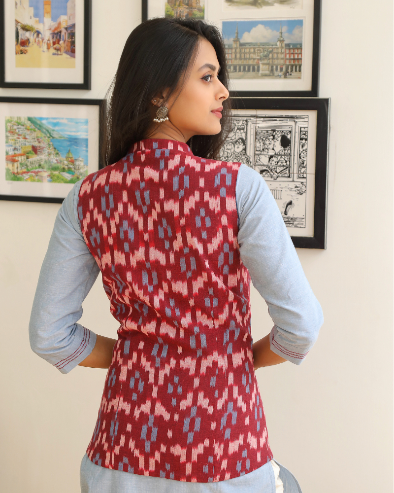 Reversible womens jacket in blue & red ikat
