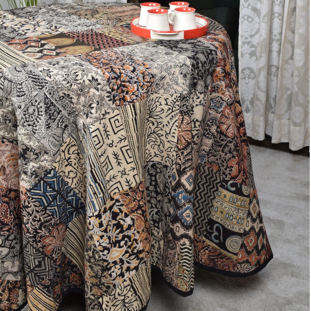 Round kalamkari patchwork with black mangalagiri reversible table cloth 180 cm