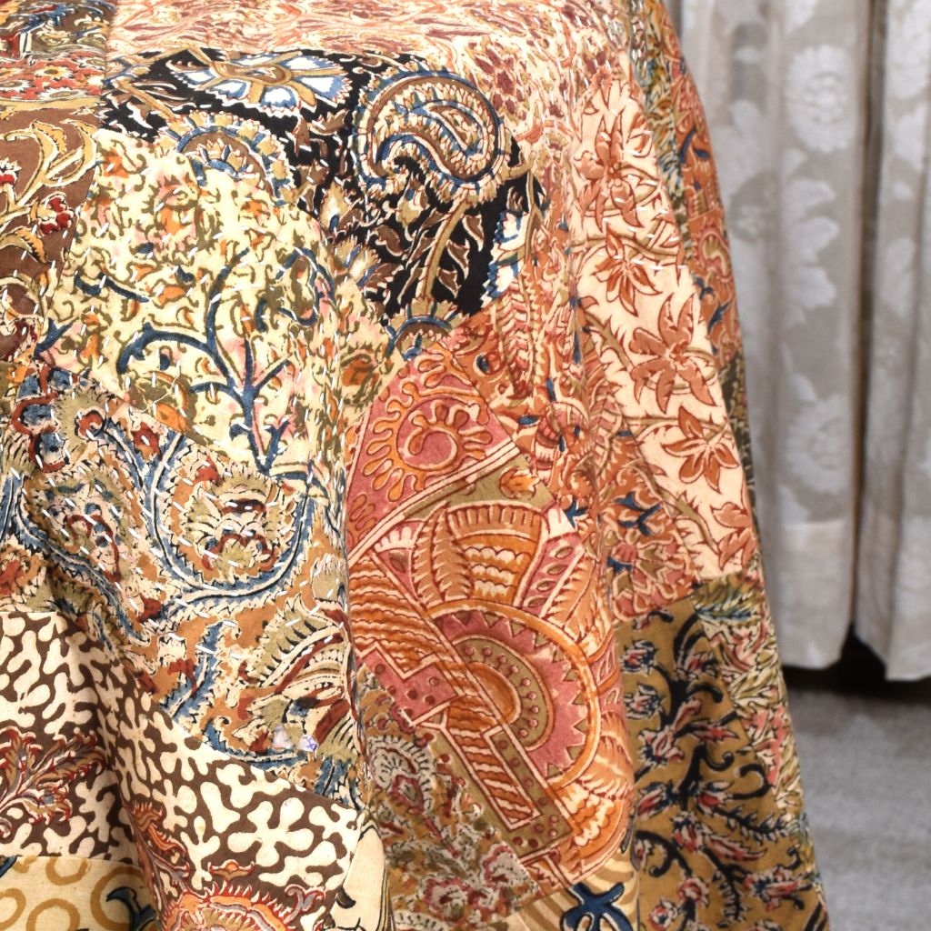 Round kalamkari patchwork with rust mangalagiri reversible table cloth 180 cm