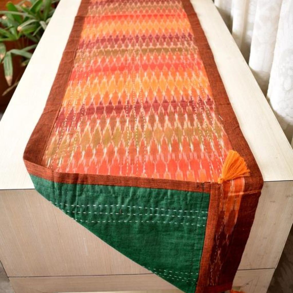 Rust and Green ikat reversible table runner with kantha embroidery