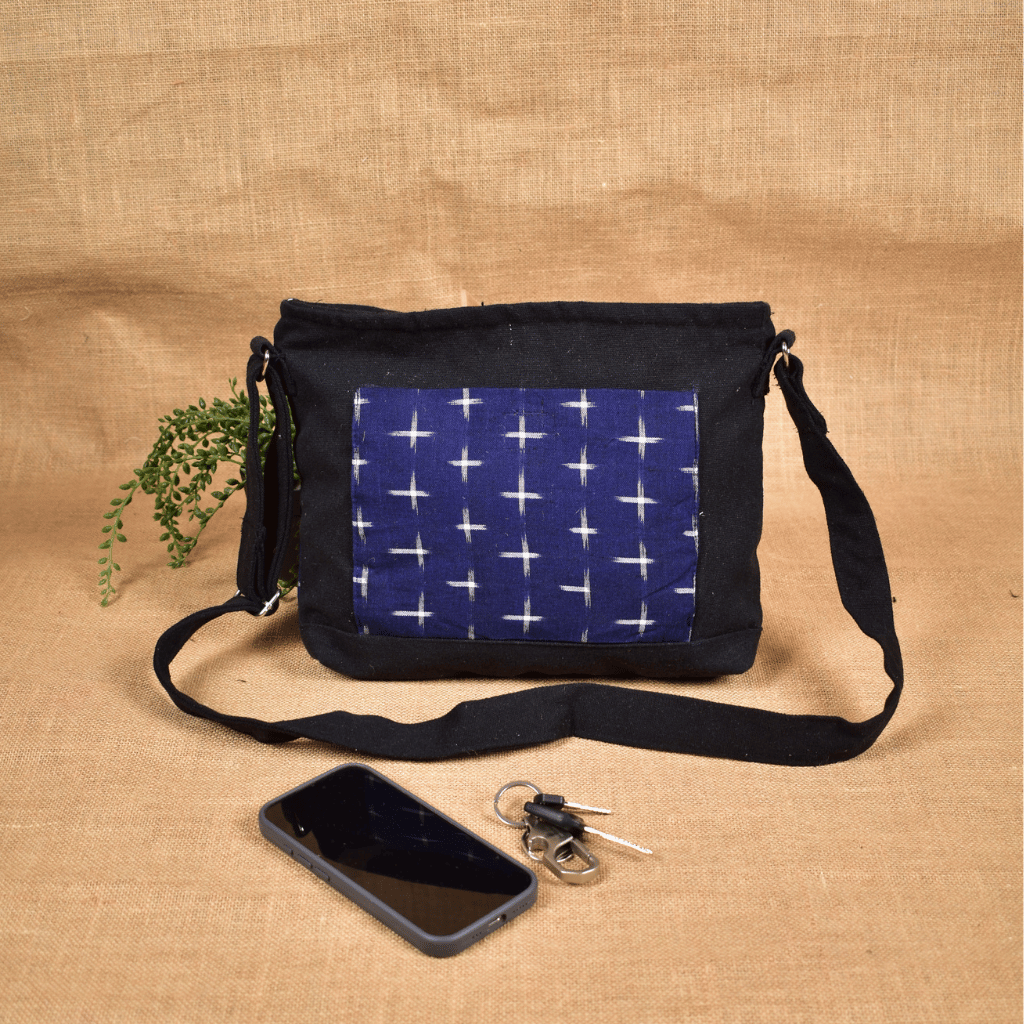 Multi Pocket Canvas Purse With Blue Ikat Fabric - Front