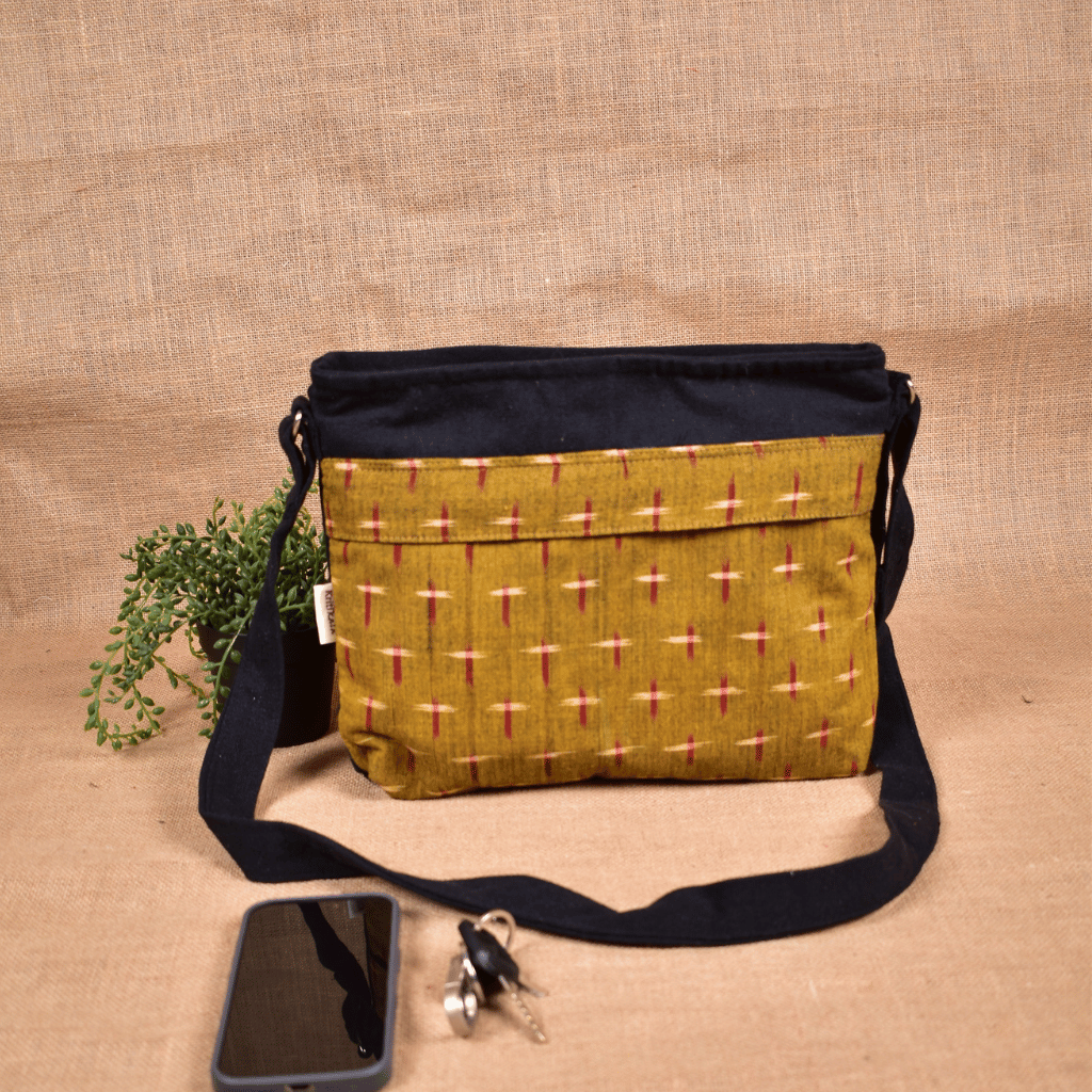 Multi Pocket Canvas Purse With Yellow Ikat Fabric - Front