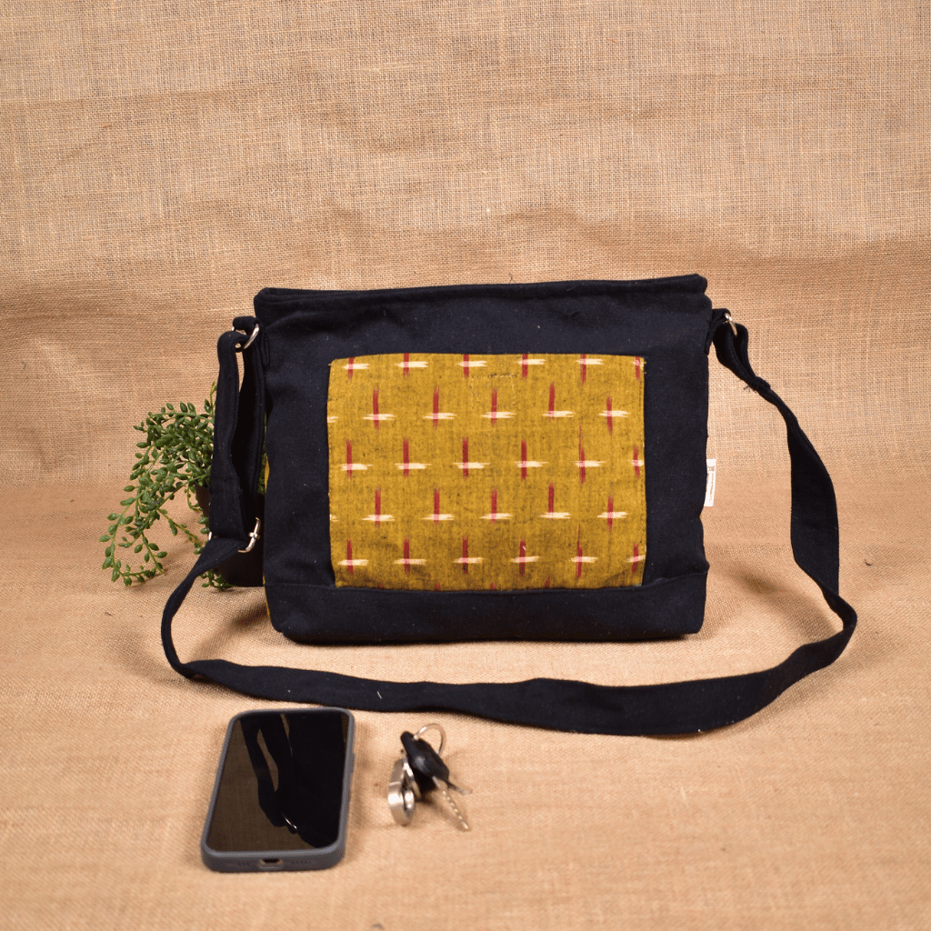 Multi Pocket Canvas Purse With Yellow Ikat Fabric - Pocket