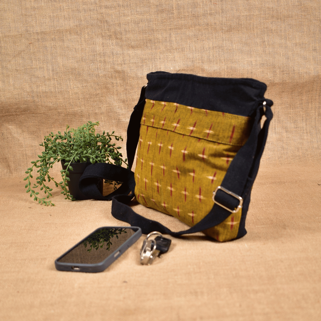 Multi Pocket Canvas Purse With Yellow Ikat Fabric - Side