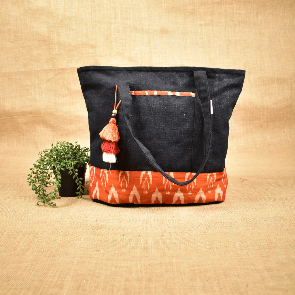 Large canvas tote bags with orange ikat cotton - front