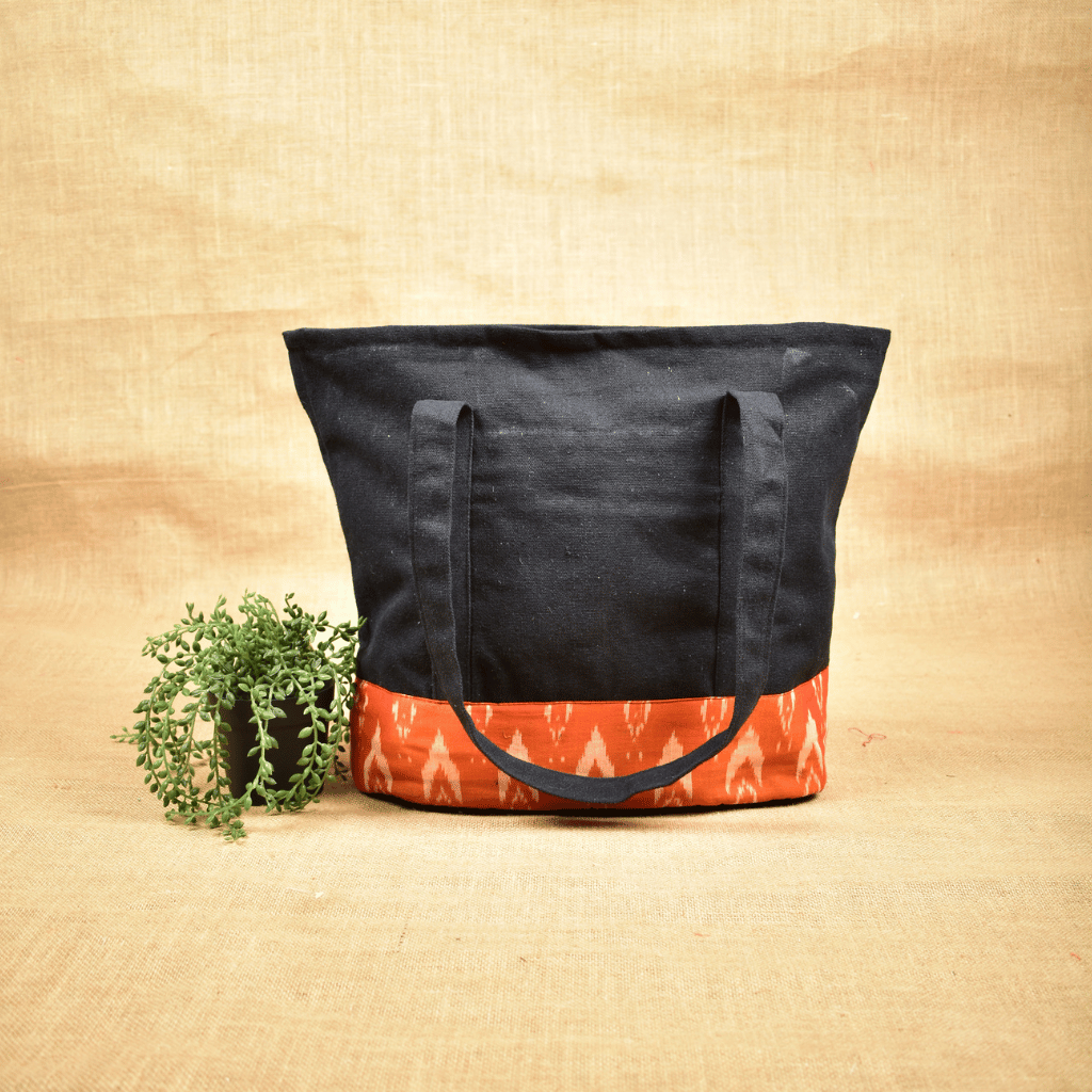 Large canvas tote bags with orange ikat cotton - back