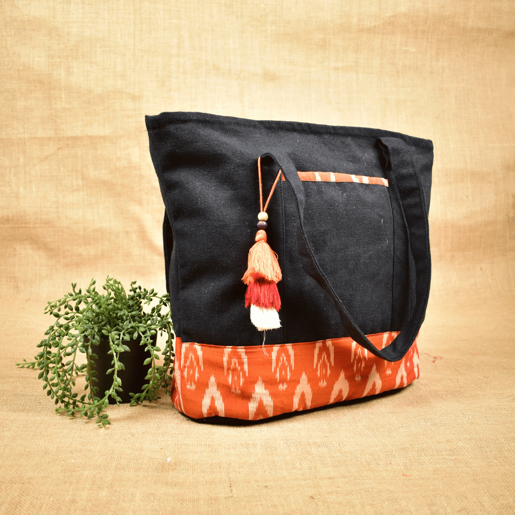 Large canvas tote bags with orange ikat cotton - side