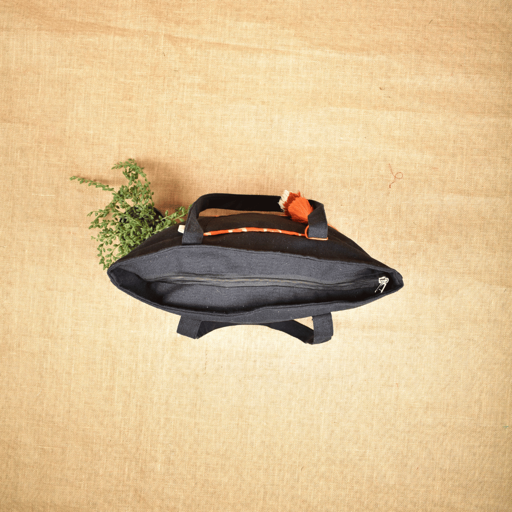 Large canvas tote bags with orange ikat cotton - zip