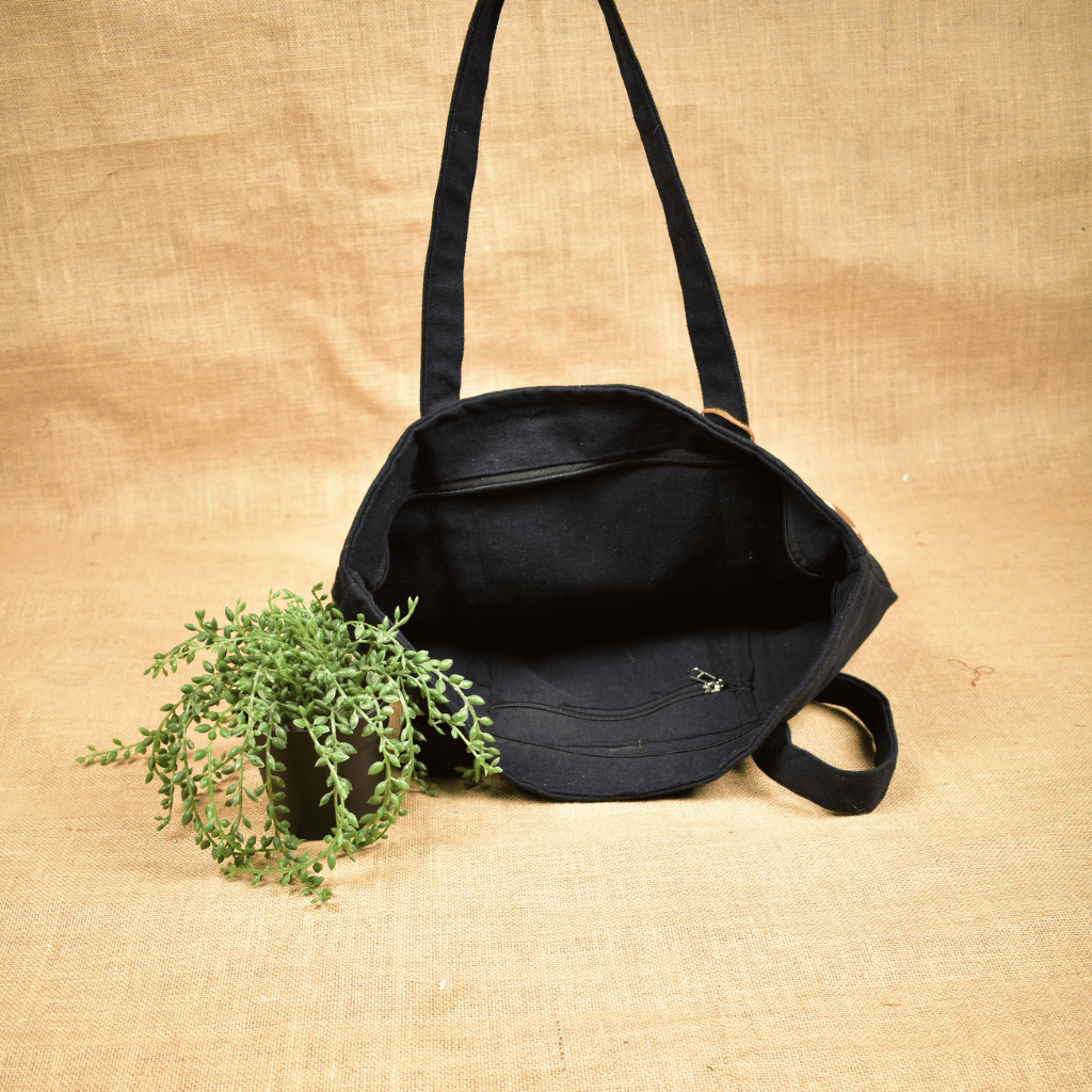 Large canvas tote bags with orange ikat cotton - inside