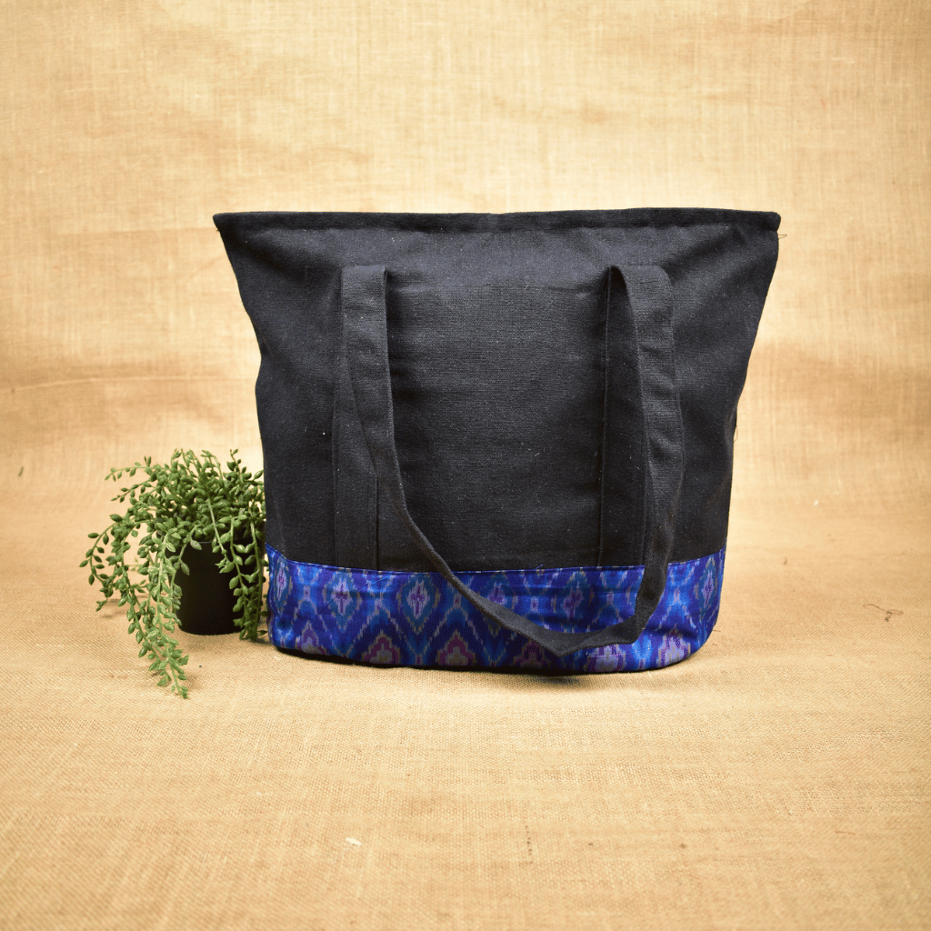 Large canvas tote bags with blue ikat cotton - back