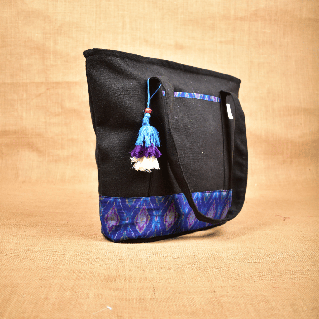 Large canvas tote bags with blue ikat cotton - side