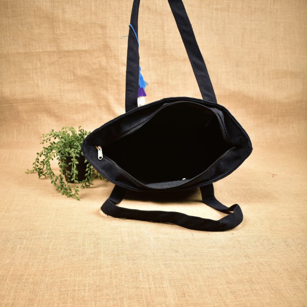 Large canvas tote bags with blue ikat cotton - inside