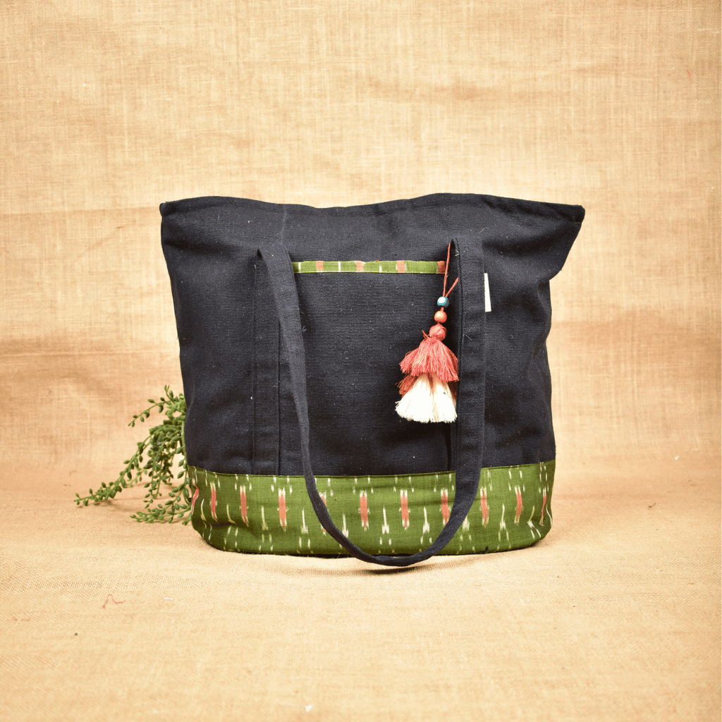 Large canvas tote bags with green ikat cotton - front