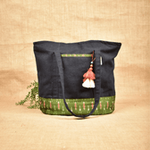 Large canvas tote bags with green ikat cotton - front