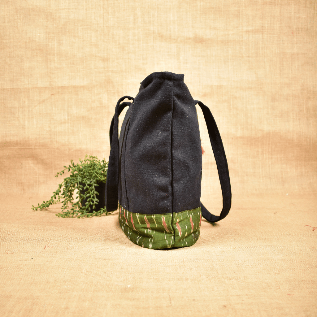 Large canvas tote bags with green ikat cotton - side