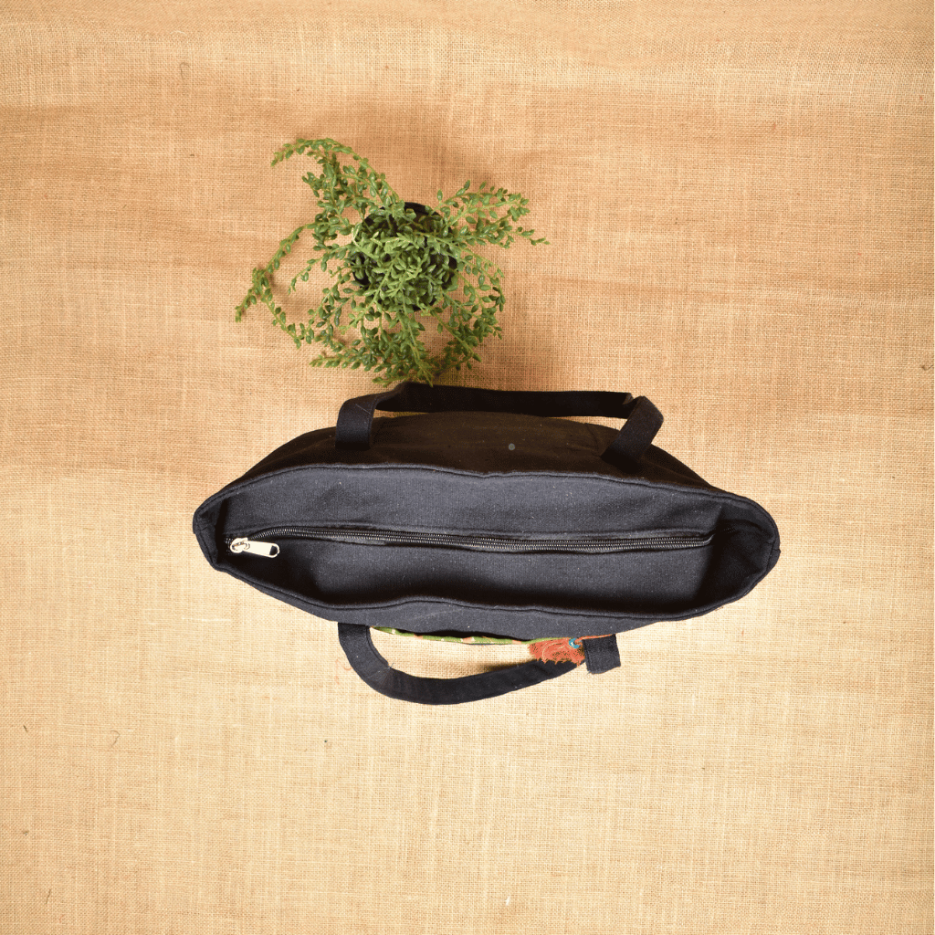 Large canvas tote bags with green ikat cotton - zip