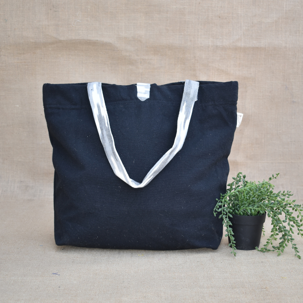 Black Canvas Bag with Grey Ikat Handle