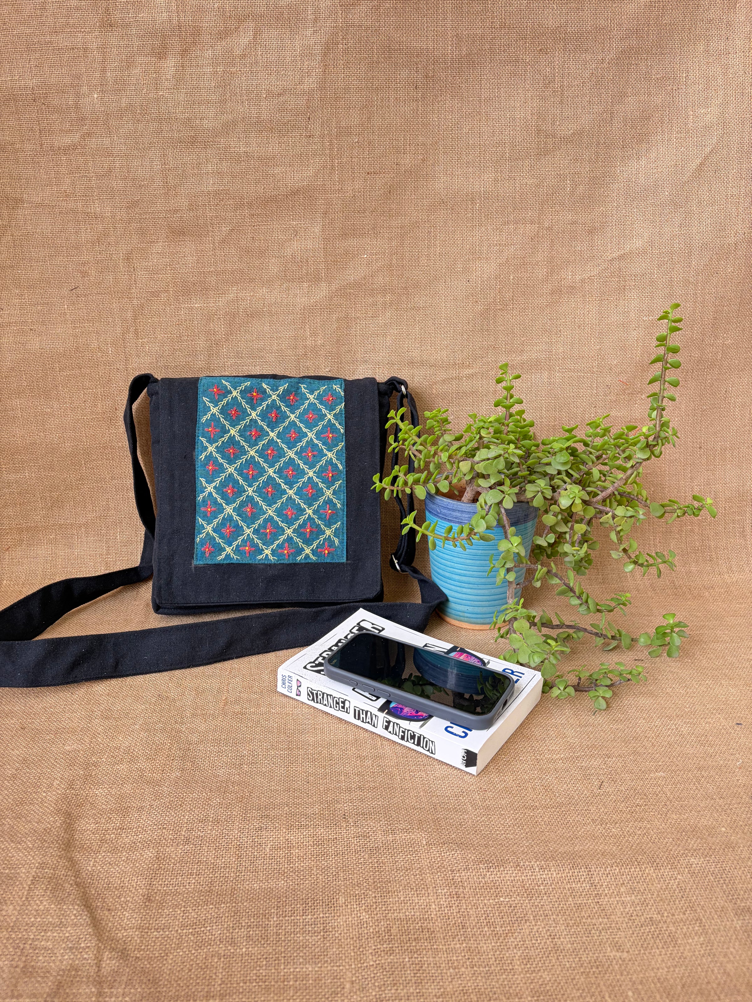 Blue and Pink Embroidery Sling Bag