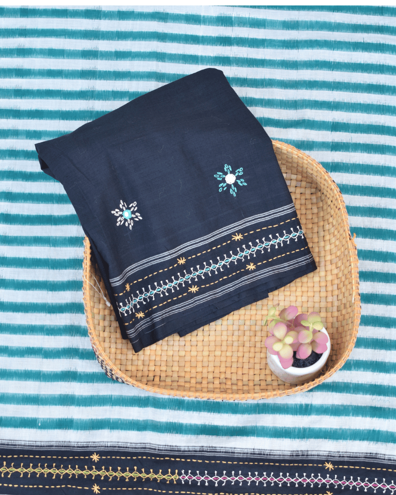 Green and black handloom double ikat saree with hand embroidery - blouse