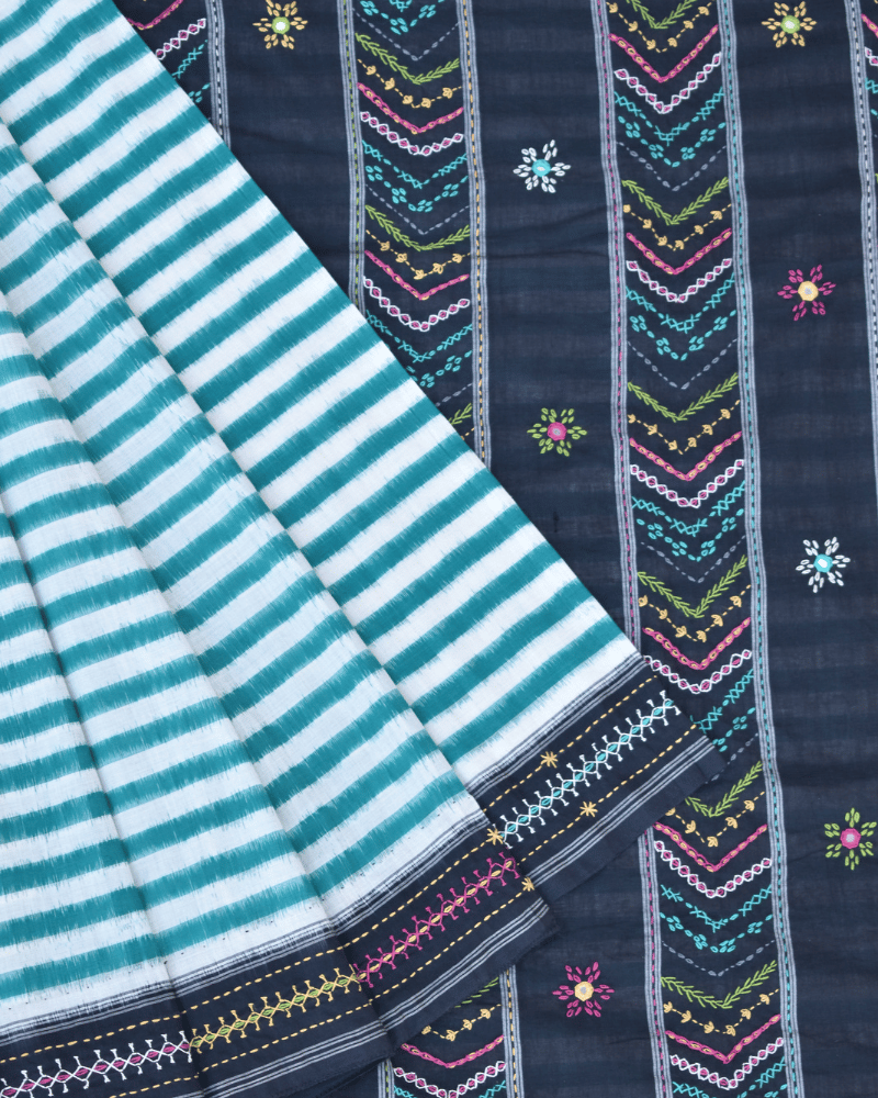 Green and black handloom double ikat saree with hand embroidery - pallu