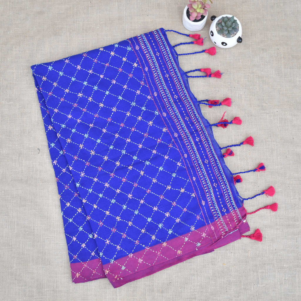 Blue hand embroidered handloom saree