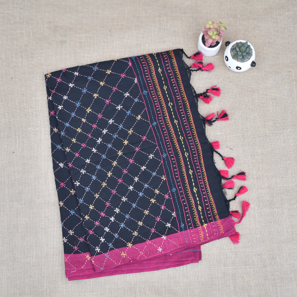 Black hand embroidered handloom saree