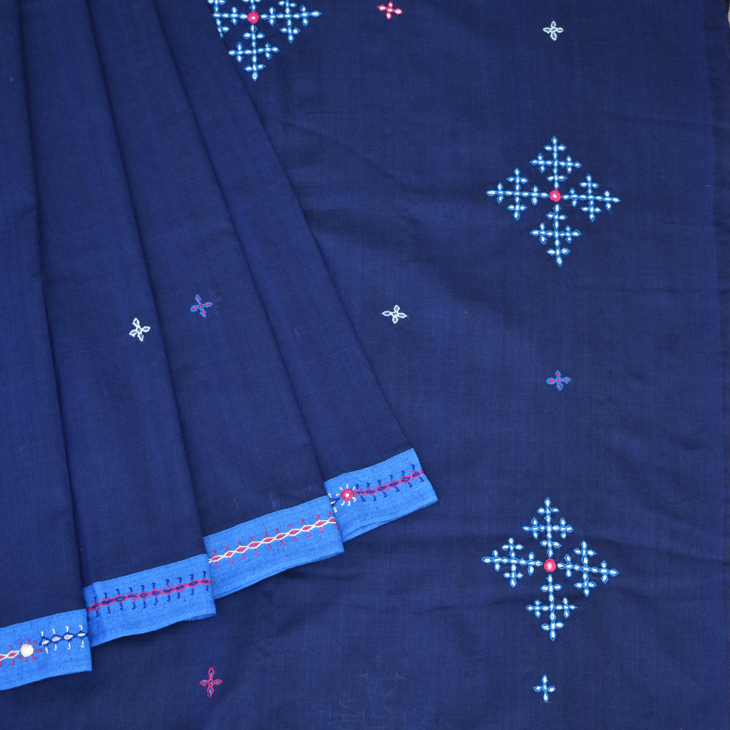 Navy blue handloom saree with traditional banjara embroidery