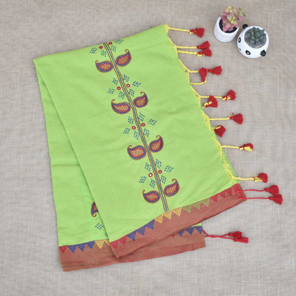 Lime green handloom saree with traditional banjara embroidery