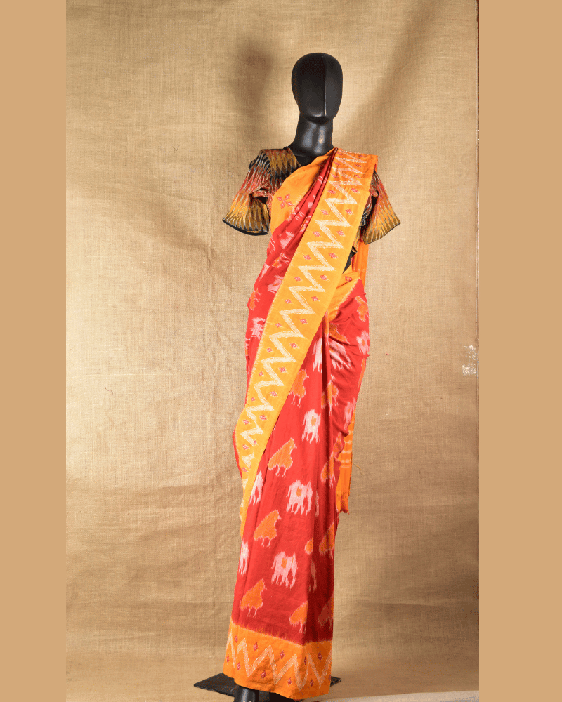 Red ikat saree with Yellow Border - Front