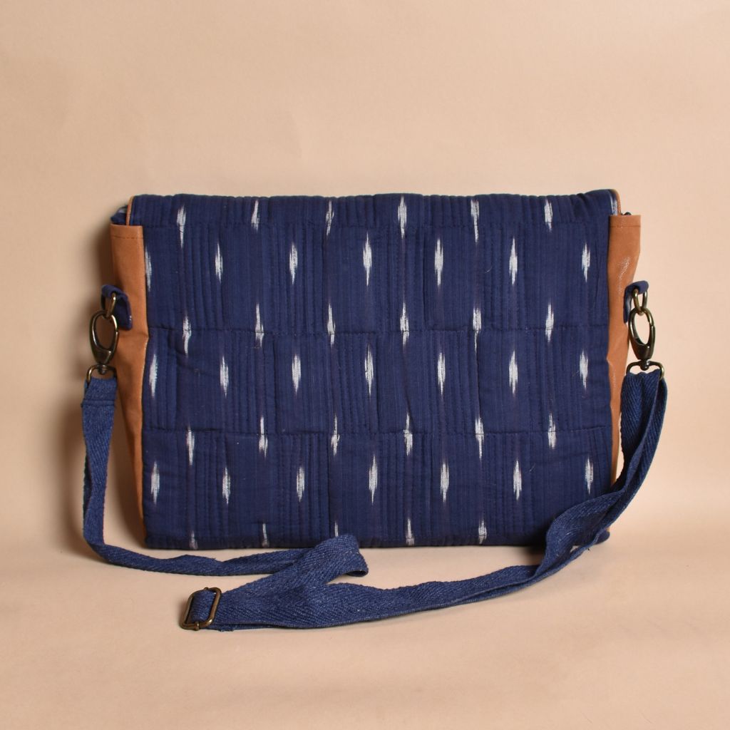 "Samarth" laptop bag in blue ikat and faux leather