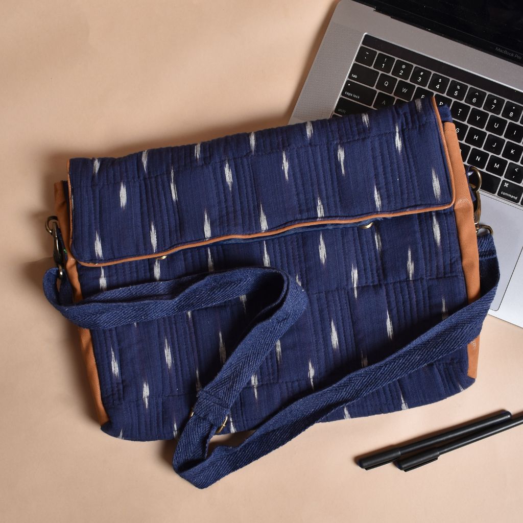 "Samarth" laptop bag in blue ikat and faux leather
