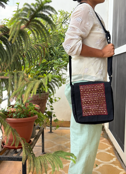 Maroon and Green Embroidery Sling Bag