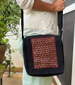 Maroon and Green Embroidery Sling Bag